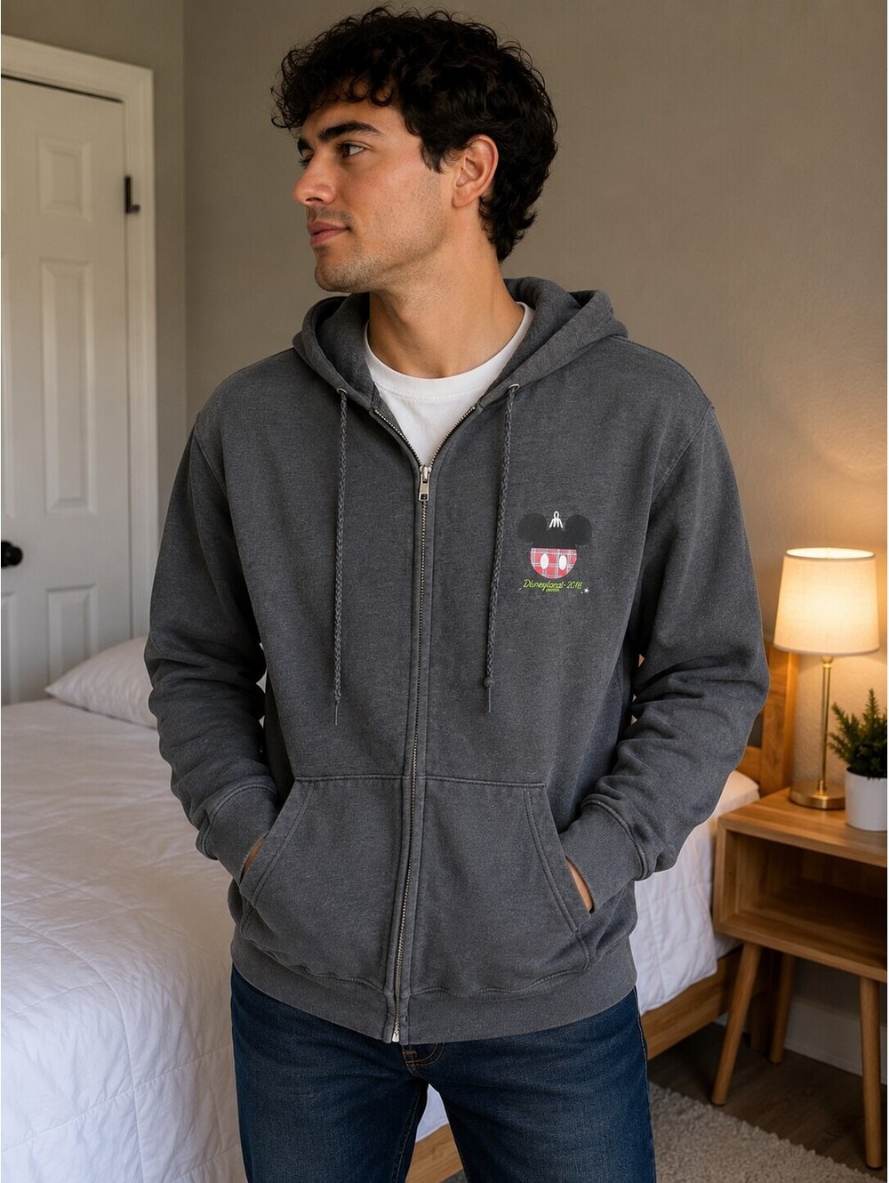 Mens Disney Parks Authentic Original ComfortBlend Large Grey Zip-Up Hoodie